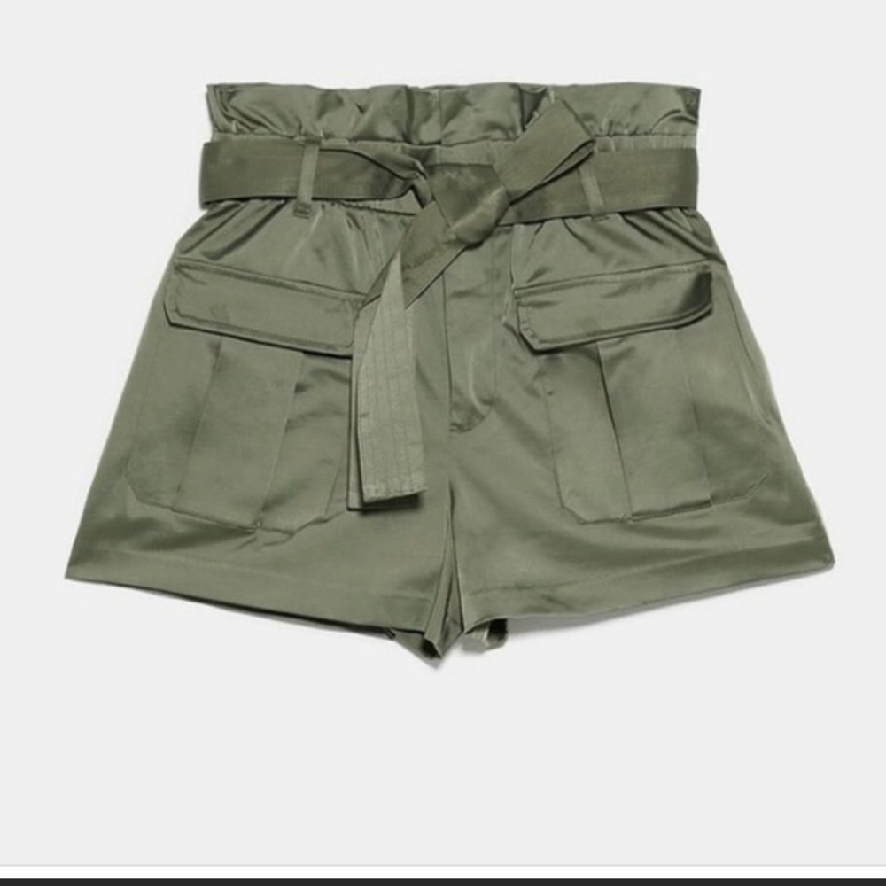 Zara Satin Cargo Shorts - Olive Green